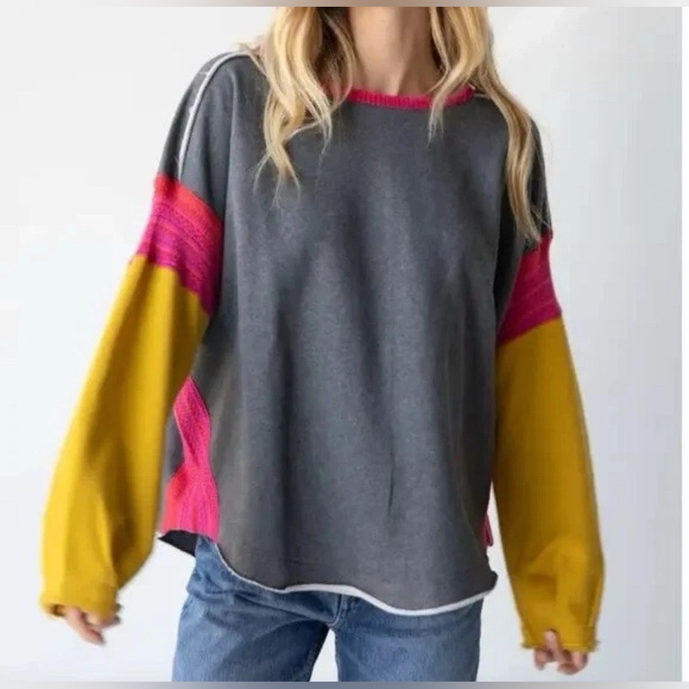 NWT Natural Life Blue Knit Trim Boho Sweatshirt Raw Hem XL